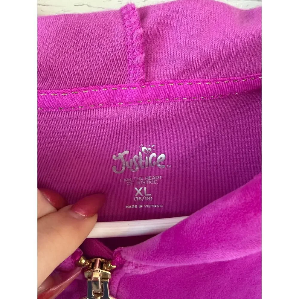Justice Velour Zip Hoodie Pink Girls XL 16/18 Gold Zipper Cropped Y2K